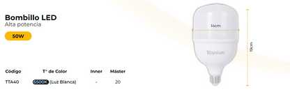 Bombillo Led 50W Cilindro  Luz Banca Titanium